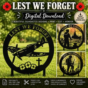 Può includere: Tre insegne da giardino circolari in metallo nero con sagome di un aereo Spitfire, un marinaio su una nave e un soldato con un fucile. Ogni insegna include il testo LEST WE FORGET, una croce e fiori di papavero. Si tratta di un file digitale.