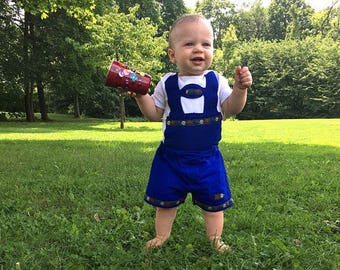 2 Piece Set Baby Lederhosen in Blue with Edelweiss Trim