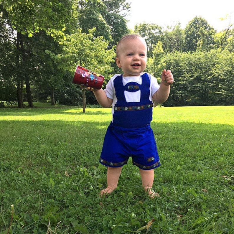 2 Piece Set Baby Lederhosen in Blue with Edelweiss Trim image 1