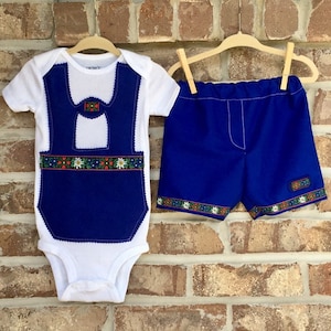 2 Piece Set Baby Lederhosen in Blue with Edelweiss Trim image 3