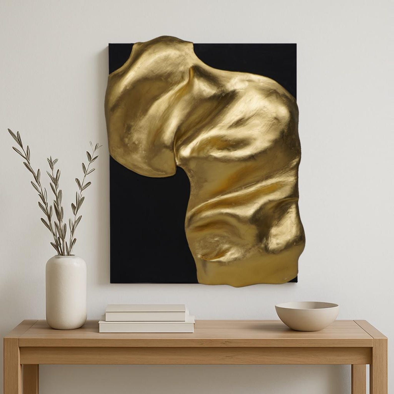 Gold Sculptural Wall Art – Modern 3D Abstract Painting on Canvas, Black ...