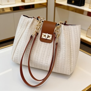May include: A white woven tote bag featuring a brown leather-like center flap with a gold-tone metal turn-lock closure. The bag includes two brown shoulder straps attached to gold-tone chain links, providing a structured and textured appearance.