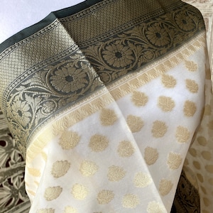 Semi Georgette Saree in Creamy and Black or Maroon with Gold Work, Gift, Wedding, Ship from USA