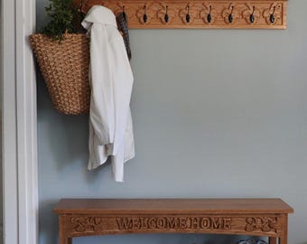 Oak Entryway Bench with Coat Hooks