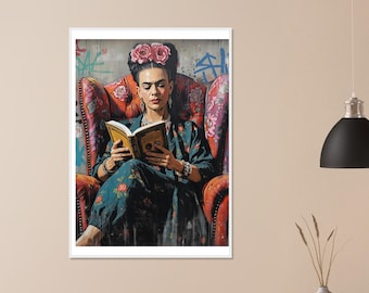 Frida Kahlo Reading in Armchair Poster – Boho Reading Art – Framed Wall Decor – Intellectual Gift