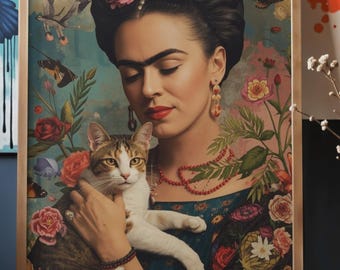 Frida Kahlo Cat Poster – Floral Wall Art with Cat – Framed Art for Living Room – Cozy Boho Decor Gift