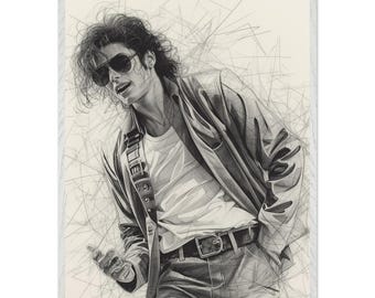 Michael Jackson Framed Poster – Artistic Black and White Drawing, King of Pop Wall Art, MJ Sketch Modern Decor, Premium Oak Wood Frame