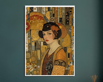 Art Deco Poster in Klimt Style – Elegant Vintage Portrait Art – High-Quality Framed Fine Art Print with Pine Wood Frame