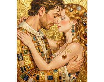 Romantic Poster Klimt Style – Lovers Wall Art in Gold – Framed Eco-Friendly Fine Art Print with Pine Wood Frame