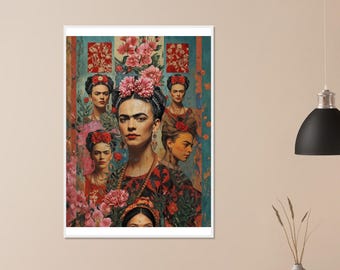 Frida Kahlo Vintage Collage Poster – Multiple Images Art Print – Framed Wall Decor for Living Room – Strong Gift for Art Lovers