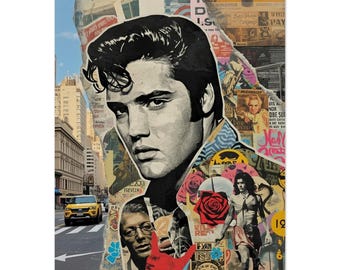 Elvis Presley Poster - Urban Collage Art Print - Rock'n'Roll Wall Decor Unframed - Music Gift