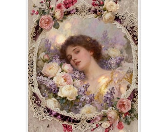 Romantic Portrait with Roses Lace Borders – Vintage Sand Tones Poster – Framed Wall Decor Wedding Gift