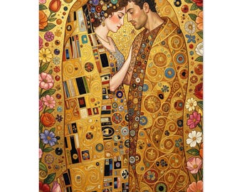 Romantic Poster Klimt Style – The Kiss Wall Art in Gold & Flowers – Framed High-Quality Matte Print with Pine Wood Frame