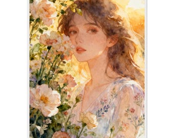 Vintage Woman Portrait at Rose Bush – Romantic Wall Decor – Cottagecore Poster – Timeless Gift