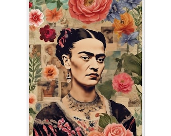 Frida Kahlo Collage Poster – Floral Art with Frame – Mexican Joy of Life – Boho Living Room Decor Gift
