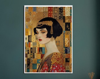 Art Deco Poster in Gustav Klimt Style – Elegant Wall Art in Gold & Soft Tones – High-Quality Art Print with Pine Wood Frame