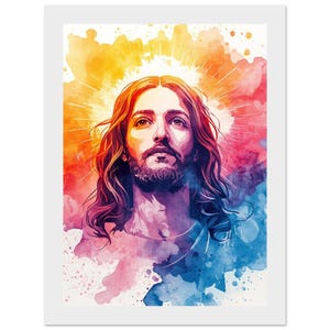 Könnte beinhalten: Aquarellporträt eines Mannes mit langen braunen Haaren und Bart, vor einem lebendigen, farbenfrohen Hintergrund. Das Kunstwerk zeigt einen Halo-Effekt und einen ruhigen Ausdruck, mit Farbtönen von Orange, Rot, Blau und Lila.