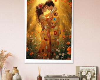 Klimt Style Lovers Framed Poster – Romantic Gold Wall Art – Wedding Gift – Modern Floral & Sun Artwork