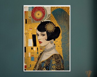 Art Deco Poster in Klimt Style – Elegant Vintage Portrait Art – High-Quality Framed Fine Art Print with Pine Wood Frame