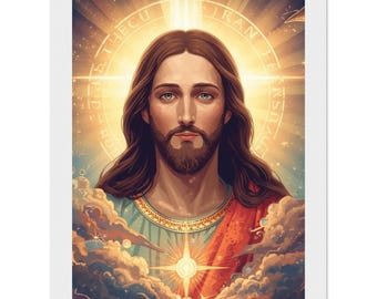 Poster Gesù tra le Nuvole con Cornice - Arte Sacra Religiosa Fatta a Mano - Regalo Ispiratore