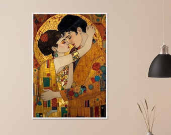 Klimt Style Embrace Framed Poster – Modern Lovers Wall Art Gold – Romantic Home Decor – Wedding & Anniversary Gift