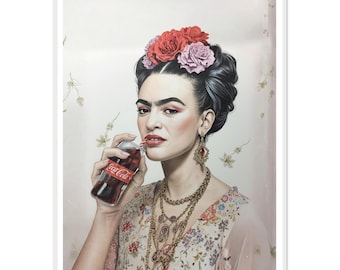 Frida Kahlo Vintage Poster – Beige Wall Art with Cola – Boho Living Room Decor – Framed Nostalgic Print Gift