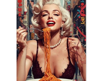 Marilyn Monroe Pasta Poster – Kitchen Wall Art – Marilyn Eating Spaghetti Print – Retro Italy Vibe Decor