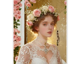 Woman Portrait with Rosary Lace Dress – Romantic Vintage Wall Decor – Timeless Elegance Poster