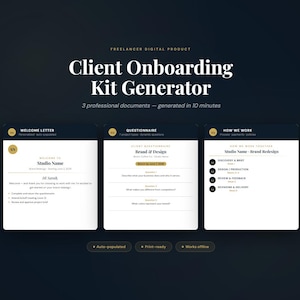 May include: A digital product advertisement for a Client Onboarding Kit Generator. The dark blue graphic features three document previews: a welcome letter, a questionnaire, and a 'how we work' section. Text includes 'Auto-populated', 'Print-ready', and 'Works offline'.