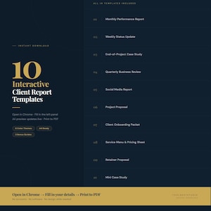 May include: A dark blue digital document template with gold text. The document includes 10 interactive client report templates, including monthly performance reports and project proposals. The text reads "Instant Download" and "Open in Chrome".