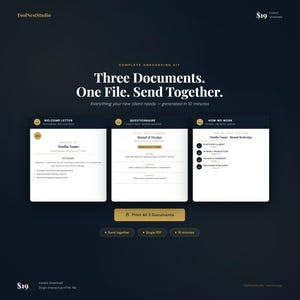 May include: Complete onboarding kit with three documents in one file. The kit includes a welcome letter, questionnaire, and a 'how we work' guide. The text says 'Everything your new client needs - generated in 10 minutes.' The kit is available for instant download.