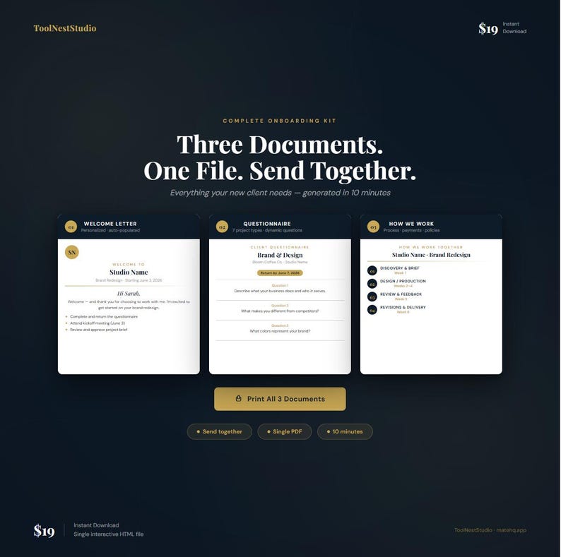 May include: Complete onboarding kit with three documents in one file. The kit includes a welcome letter, questionnaire, and a 'how we work' guide. The text says 'Everything your new client needs - generated in 10 minutes.' The kit is available for instant download.