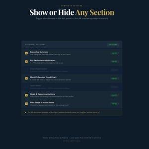 May include: Dark blue digital interface with white and gold text. The interface features a list of document sections with checkboxes and descriptions. The text reads "Show or Hide Any Section" and "Executive Summary".