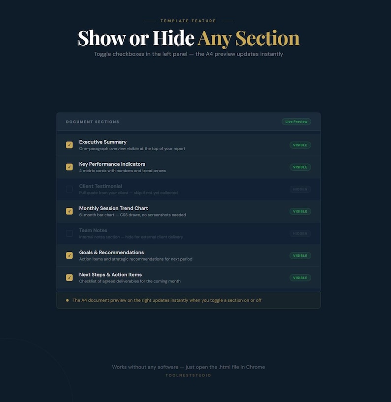 May include: Dark blue digital interface with white and gold text. The interface features a list of document sections with checkboxes and descriptions. The text reads "Show or Hide Any Section" and "Executive Summary".