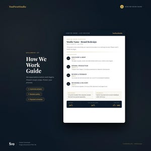 May include: A digital document titled "How We Work Guide" with a dark background. The guide outlines the work process, including phases, revision policy, and payment schedule. The price is $19.