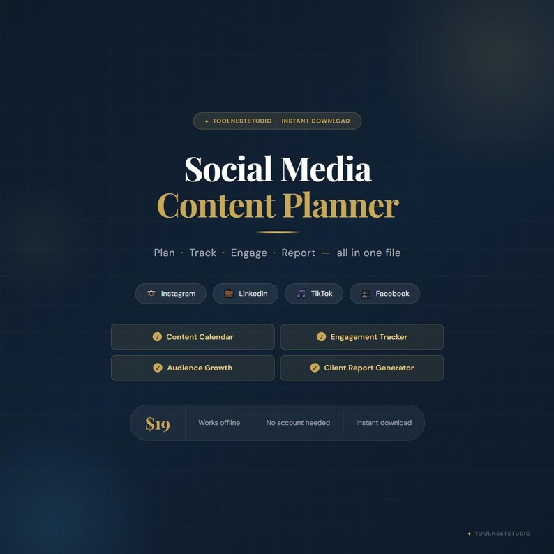 May include: A digital Social Media Content Planner with a dark blue background. The text includes "Social Media Content Planner" and options for Instagram, LinkedIn, TikTok, and Facebook. Features include content calendar and engagement tracker.