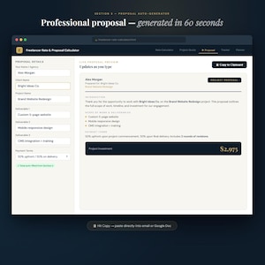 K&ouml;nnte beinhalten: Screenshot eines Website-Angebotsgenerators. Die Oberfl&auml;che zeigt Felder f&uuml;r Projektdetails, einschlie&szlig;lich Kundenname und Projektname. Der Live-Vorschaubereich zeigt einen Angebotsentwurf mit einer Einf&uuml;hrung, dem Leistungsumfang und den Zahlungsbedingungen. Der Text "Professional proposal - generated in 60 seconds" ist sichtbar.