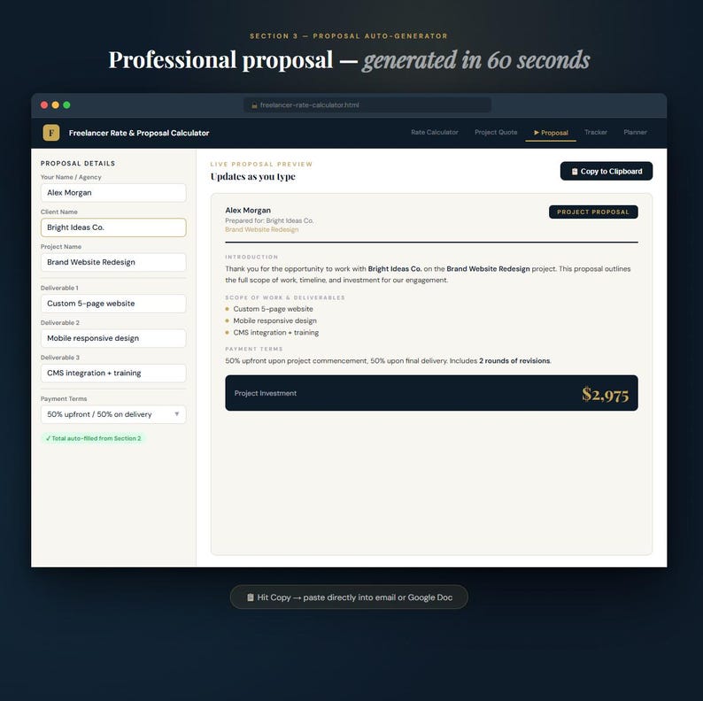 K&ouml;nnte beinhalten: Screenshot eines Website-Angebotsgenerators. Die Oberfl&auml;che zeigt Felder f&uuml;r Projektdetails, einschlie&szlig;lich Kundenname und Projektname. Der Live-Vorschaubereich zeigt einen Angebotsentwurf mit einer Einf&uuml;hrung, dem Leistungsumfang und den Zahlungsbedingungen. Der Text "Professional proposal - generated in 60 seconds" ist sichtbar.