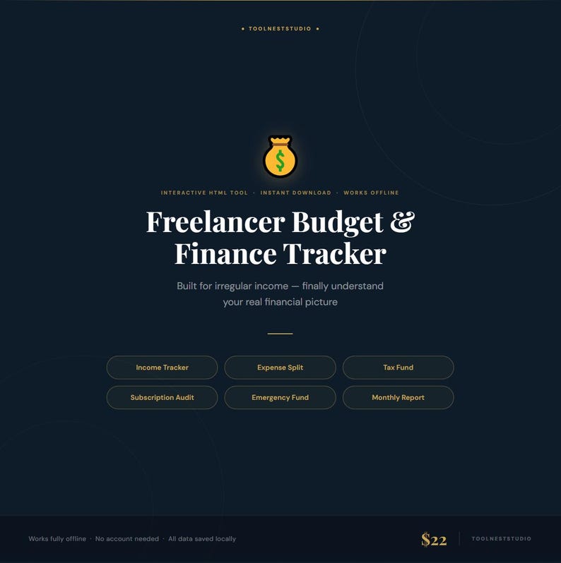 May include: A dark blue graphic with the text "Freelancer Budget & Finance Tracker." The design includes a money bag icon and buttons for income tracking, expense splitting, and tax funds. The price is $22.