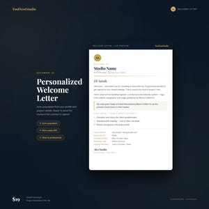 May include: A digital welcome letter template with the text "Personalized Welcome Letter" and "Studio Name." The design is on a dark background with white text and a preview of the letter. Includes bullet points and the price.