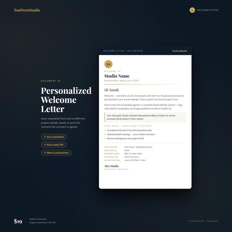 May include: A digital welcome letter template with the text "Personalized Welcome Letter" and "Studio Name." The design is on a dark background with white text and a preview of the letter. Includes bullet points and the price.