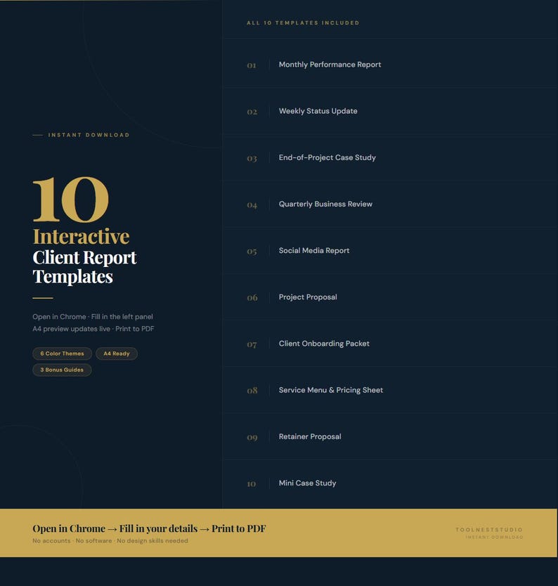 May include: A dark blue digital document template with gold text. The document includes 10 interactive client report templates, including monthly performance reports and project proposals. The text reads "Instant Download" and "Open in Chrome".