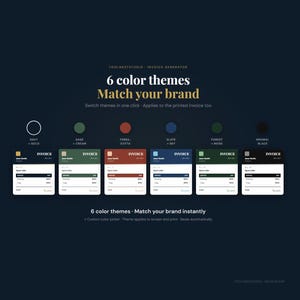 Pu&ograve; includere: Immagine di un generatore di fatture con sei temi di colore: Blu navy + Oro, Salvia + Crema, Terracotta, Ardesia + Cielo, Foresta + Muschio e Nero minimale. Il testo recita "Abbina il tuo brand" e "Cambia tema con un clic."