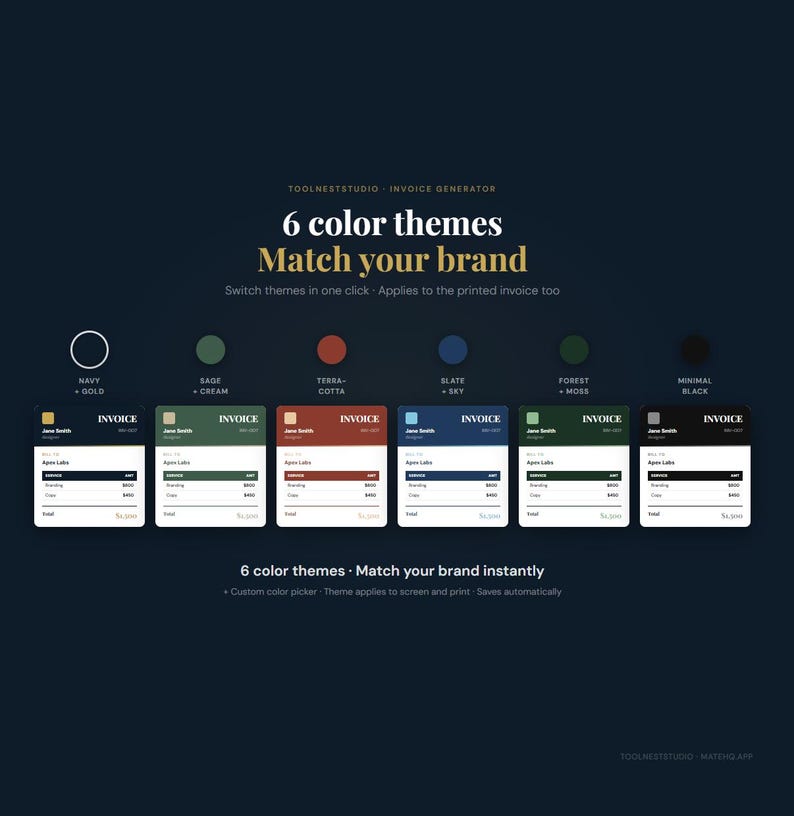 Pu&ograve; includere: Immagine di un generatore di fatture con sei temi di colore: Blu navy + Oro, Salvia + Crema, Terracotta, Ardesia + Cielo, Foresta + Muschio e Nero minimale. Il testo recita "Abbina il tuo brand" e "Cambia tema con un clic."