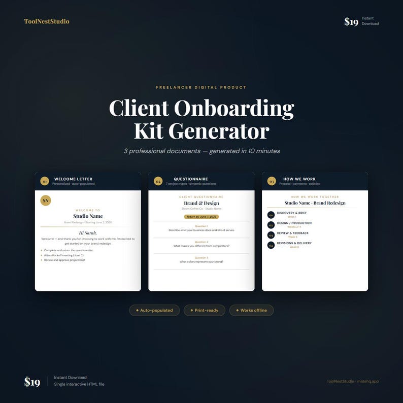 May include: A digital product advertisement for a Client Onboarding Kit Generator. The dark blue graphic features three document previews: a welcome letter, a questionnaire, and a 'how we work' section. Text includes 'Auto-populated', 'Print-ready', and 'Works offline'.
