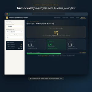 K&ouml;nnte beinhalten: Eine digitale Oberfl&auml;che f&uuml;r einen Einkommensplaner mit dunklem Hintergrund. Die Oberfl&auml;che zeigt finanzielle Ziele, Projektdetails und Fortschrittsmetriken an. Der Text enth&auml;lt "Wissen Sie genau, was Sie verdienen m&uuml;ssen, um Ihr Ziel zu erreichen" und "72.000 $-Ziel".