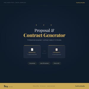 以下が含まれることがあります： 「Proposal & Contract Generator」の文字が金色で表示されたデジタルグラフィック。プロの提案書や契約書を迅速に作成するためのツールを宣伝しています。ライブプレビュー、自動入力、PDF印刷のオプションが含まれています。