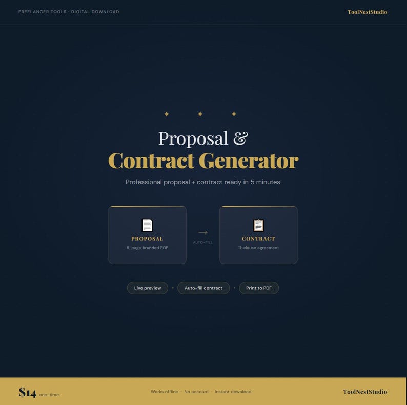 以下が含まれることがあります： 「Proposal & Contract Generator」の文字が金色で表示されたデジタルグラフィック。プロの提案書や契約書を迅速に作成するためのツールを宣伝しています。ライブプレビュー、自動入力、PDF印刷のオプションが含まれています。