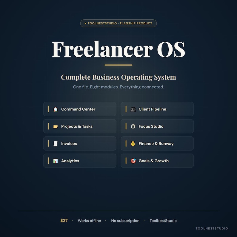 May include: Dark blue graphic with the text "Freelancer OS" and the tagline "Complete Business Operating System." The image lists eight modules, including Command Center, Client Pipeline, and Analytics. The product is offline and subscription-free.