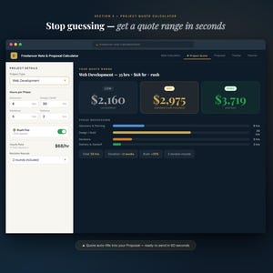 K&ouml;nnte beinhalten: Ein dunkelblauer Bildschirm zeigt einen Projektangebotsrechner. Der Text lautet: "Stop guessing - get a quote range in seconds." Der Rechner zeigt Projektdetails, Angebotsbereiche und Phasenaufschl&uuml;sselungen.